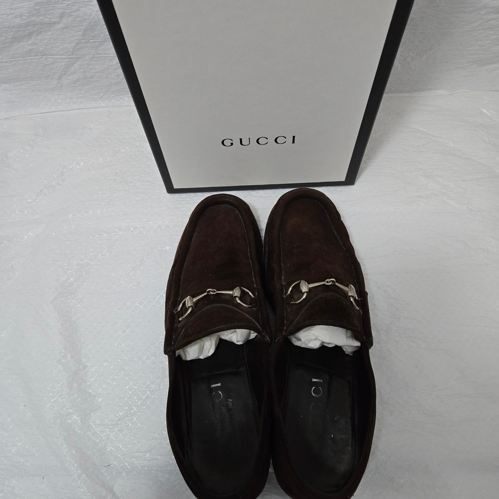 Gucci Mens Horsebit Loafers Dark Brown Suede Dress‎ Shoes Size 10 D Italy